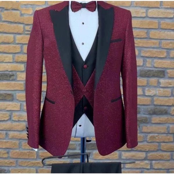 Ternos Masculinos Brilhantes Borgonha Café Homens Casamento Smoking Traje Noivo Homme Preto Ponteiro Lapela Formal Baile Blazer Jaqueta Calça Colete