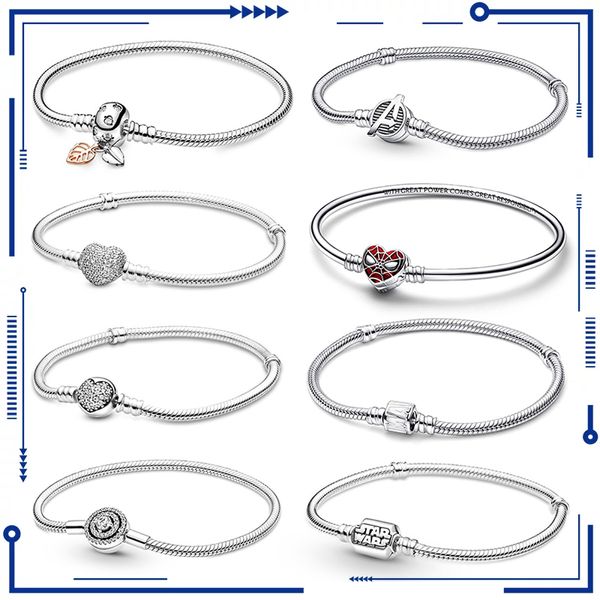 Novità in argento sterling 925 Bracciale con catena a forma di serpente adatto a Pandora Ciondolo originale con perline per gioielli con bracciali a cuore da donna