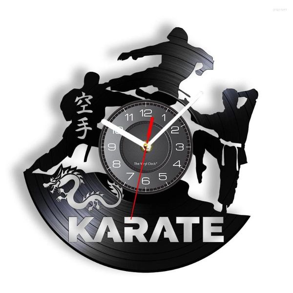 Orologi da parete Arte marziale giapponese Karate LP Record Orologio Calcio e pugno Segno Virile Sport Decorazioni per la casa Orologio da combattimento Karateka Regalo