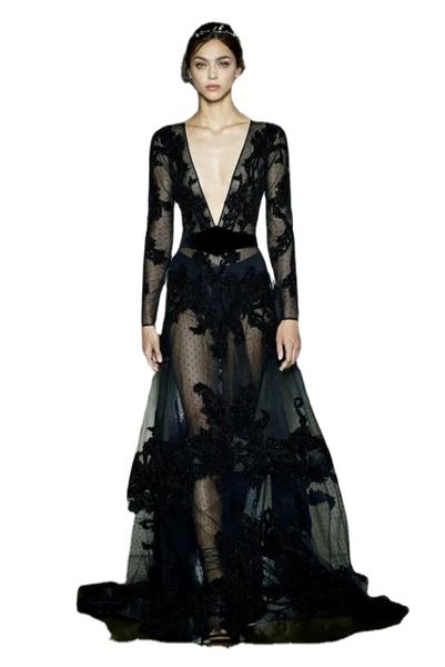 Zuhair Murad Clássico Preto Vestidos de Baile De Renda Transparente Formal Sexy Decote em V Profundo Vestido de Noite Mangas Compridas Vestido para Ocasiões Especiais