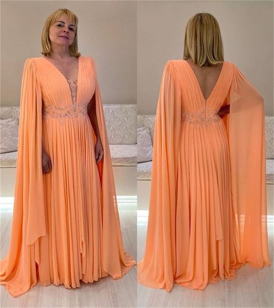 Plus Size Laranja Vestidos Mãe Da Noiva Decote em V Caftan Dubai Árabe Mãe Noite Vestido Formal Chiffon Renda Vestido de Casamento Vestidos de Festa para Ocasião Formal 2023
