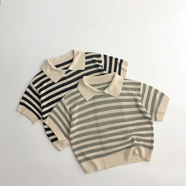 Polos Boys Dönüş Yaka Gevşek Polo T-Shirt Moda Çizgili Külot Üstler Çocuklar Kız Sevimli Yaz Örgü Kıyafetleri Vintage Üstler 230617