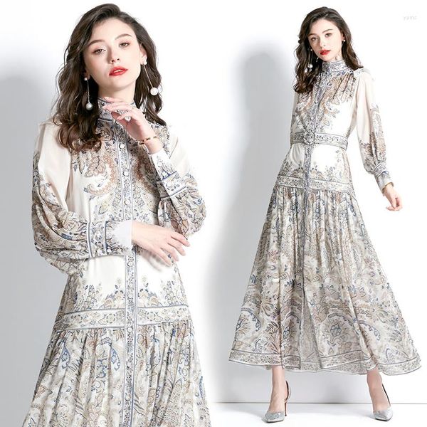 Casual Kleider Urlaub Stil Laterne Langarm Gedruckt Schlank A-linie Kleid Frauen Vintage Robe 2023 Frühling Herbst Maxi Vestidos Cortos