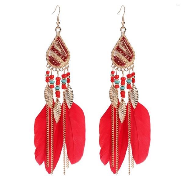 Orecchini pendenti Orecchini con nappe di piume rosse per le donne Boho Beach Chain Leaf 2023 Gioielli da sposa alla moda all'ingrosso