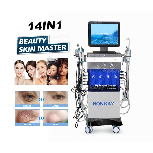 14 in 1 Super Mikrodermabrasion Vakuumstift Power RF Bio Lifting Spa Gesichtsmaschine Hydra Wasser Gesichtsbehandlung PDT Licht Ultraschall Hautwäscher Sauerstoffspray Schönheitssalon