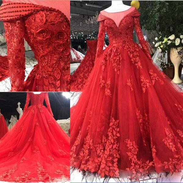 Vestidos de Noiva Vermelhos Princesa Vestidos de Baile com Miçangas Manga Longa Apliques de Renda Vestidos de Noiva Petites Plus Size Custom Made252T