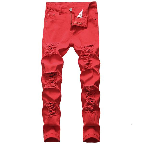 Спортивные мужские джинсовые джинсы с дырками, рваные брюки, дизайнерский бренд, прямые рваные брюки больших размеров, потертые белые, красные 230619, горячая распродажа 2024 г.