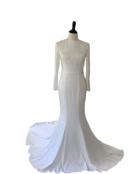 Manches longues modeste sirène robes de mariée robes col haut boutons ceinture Stretch crêpe Simple femmes élégantes robe de mariée