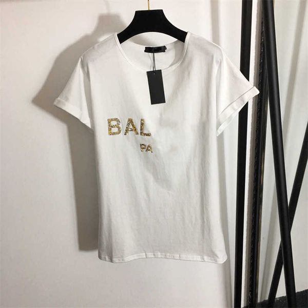 Summer New Womens T-shirt Nail Drill lettere girocollo allentato fresco e traspirante cento T-shirt a maniche corte 2 colori 3 taglie maglietta del progettista