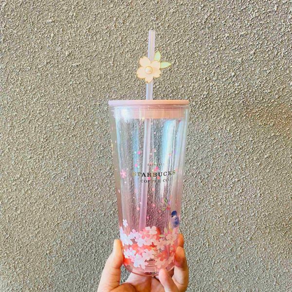 Старбакс Кубок Кубка вишневой вишни сезон 591 мл пения птиц и цветочный аромат розовый прозрачный двойной стеклянный соломенная чашка