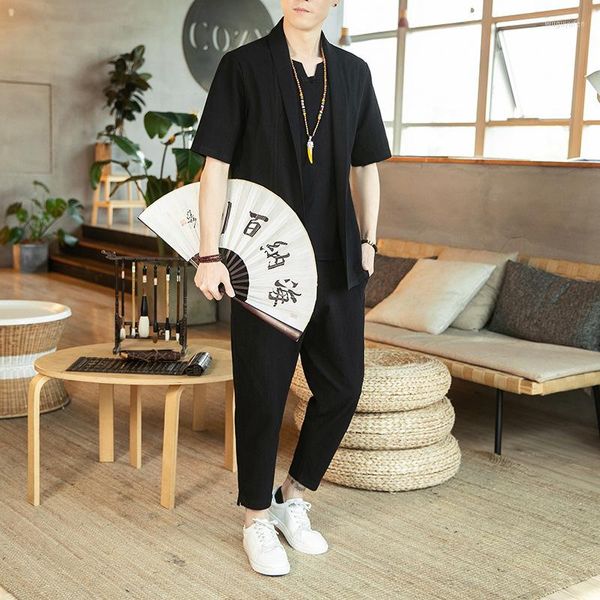 Ethnische Kleidung Männer Chinesischen Stil Zen Tang-anzug Uniform Set Hanfu Hemd Harem Hosen Baumwolle Leinen Casual Tee Tops Hosen