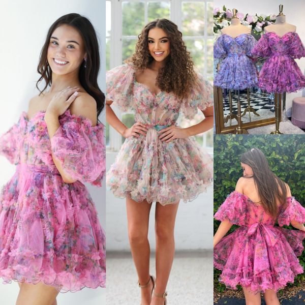 Vestido de boas-vindas floral estampado 2k24 Hoco com babados mangas balão espartilho transparente formatura coquetel festa de casamento convidada clube de férias gravata preta gala lilás rosa azul