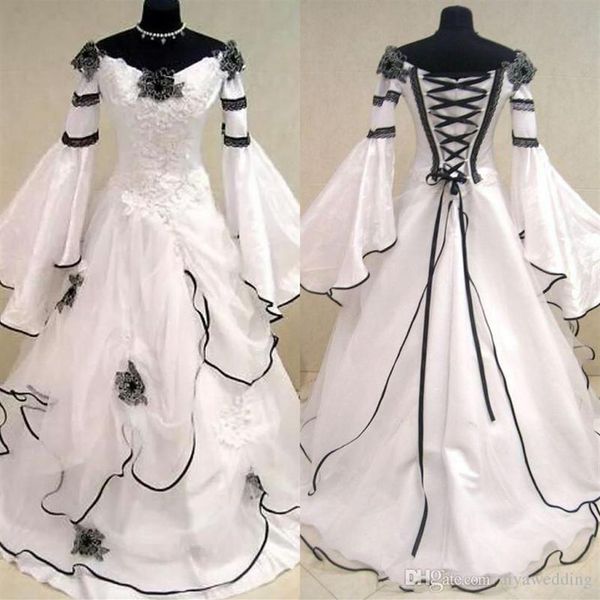 Ренессанс Винтажные черно -белые средневековые свадебные платья vestido de novia celtic свадебные платья с подгонкой и вспыльчивыми рукавами Flow260k
