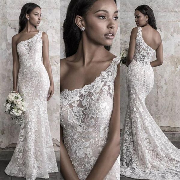 Madison James Herbst 2018 Meerjungfrau-Hochzeitskleid, elegantes One-Shoulder-Spitze-Applikation-Schlepp-Brautkleid, gehobene Maßanfertigung243Y