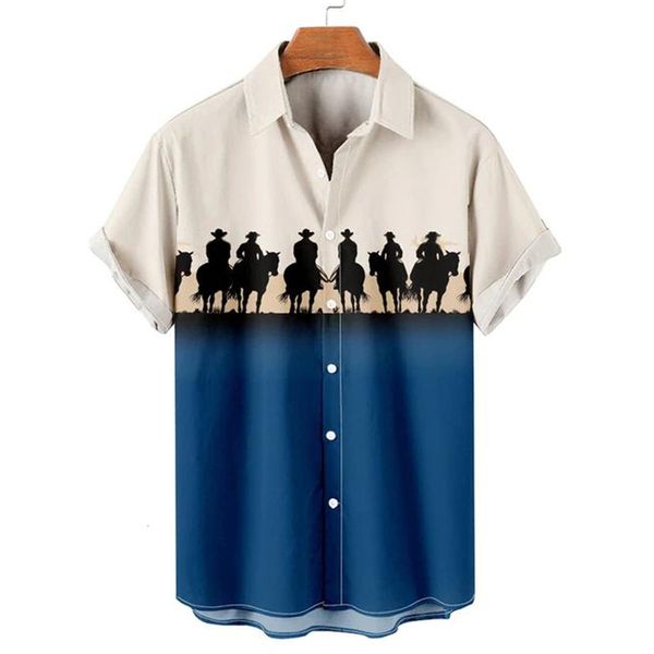 Мужские повседневные рубашки Западная ковбойская рубашка мужская футболка 3D джинсовая ткань o nece cotton с короткими рукавами летняя негабаритная винтажная уличная одежда. Повседневная одежда 230619