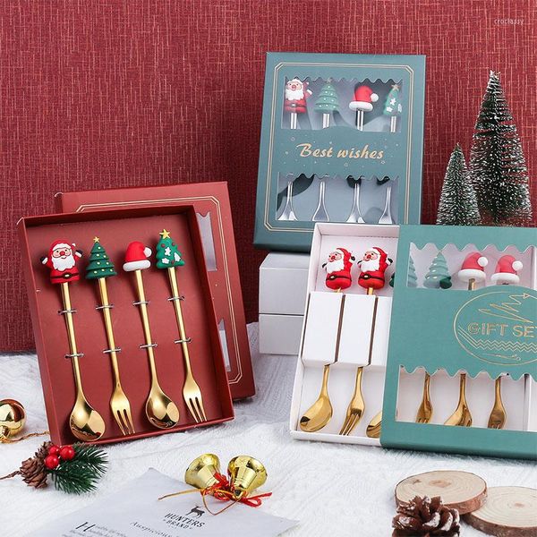 Set di stoviglie 4 pezzi/scatola Set di posate natalizie Acciaio inossidabile Forchette da dessert Cucchiai Confezione regalo per la casa Natale Decorazioni per il desktop Regali per l'anno