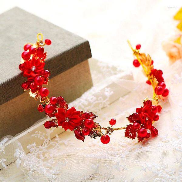 Fermagli per capelli Forma di fiore rosso Corona Diademi Stile coreano Lussuoso strass Copricapo da sposa fatto a mano Accessori da sposa per donna