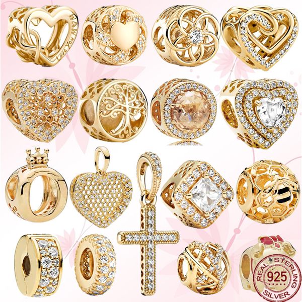 NOVO Charme de ouro 925 Prata esterlina Coroa nivelado Corações Pingente de cruz Conta de pingente Fit Original Pandora Pulseira DIY Jóias Presente