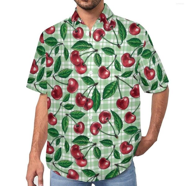 Camisas casuais masculinas Camisa vermelha cereja Camisa xadrez verde Férias soltas Verão Estilo de rua Blusas de manga curta Roupas grandes personalizadas