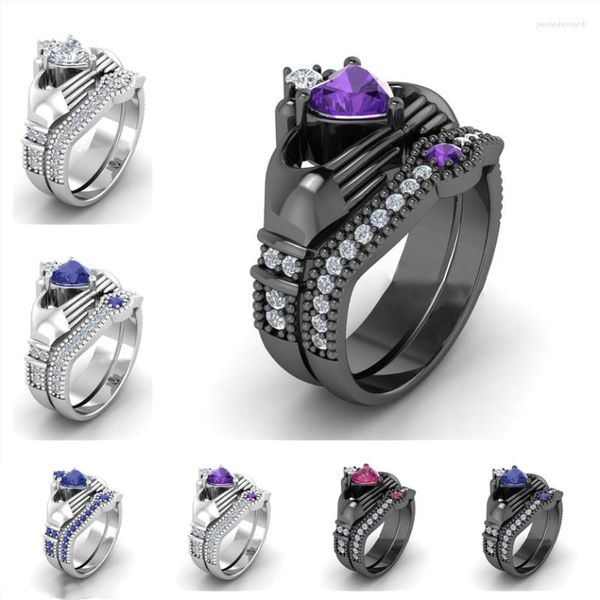 Cluster-Ringe Huitan 2PC Claddagh Ring mit Herzform Kubikzircon Irish Classic Verlobung Hochzeit für Frauen Großhandel Lots Bulk