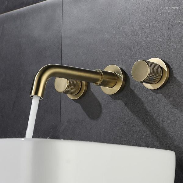 Badezimmer-Waschtischarmaturen, 59 # Messing, gebürstetes Gold, Waschbecken-Wasserhahn und kalte Mischbatterien, schwarzer Doppelgriff, drei Löcher, Wandmontage