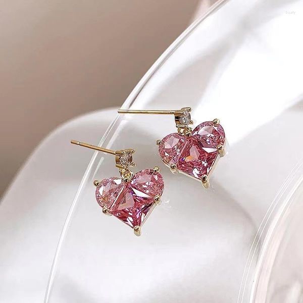 Orecchini pendenti S925 Ago d'argento Moda coreana Rosa Cuore d'amore Cristallo per le donne Regalo di orecchino stile versatile di lusso leggero squisito