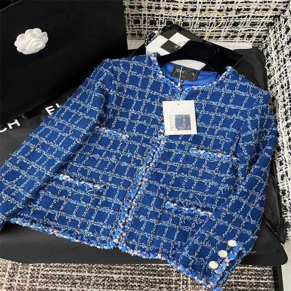Kadın Ceketler Tasarımcısı Erken Bahar Yeni Stil Ünlü Mizaç Yuvarlak Boyun Çok yönlü mavi tartan Ceket Kadınlar Ugnm