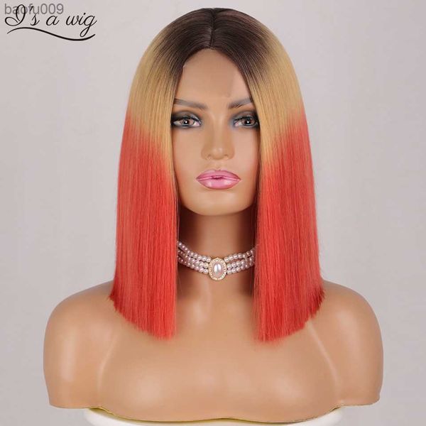 I's a wig Sintética Cosplay Wigs for White Black Women Dark Root Blonde Red Wigs Short Straight Bob Wigs Middle Part Lolita Hair L230520