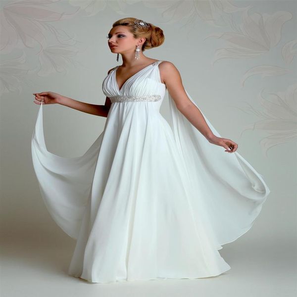 Abiti da sposa della dea greca 2019 Scollo a V Impero Una linea a figura intera con perline in chiffon bianco Abiti da sposa da spiaggia estiva con Watteau T3116