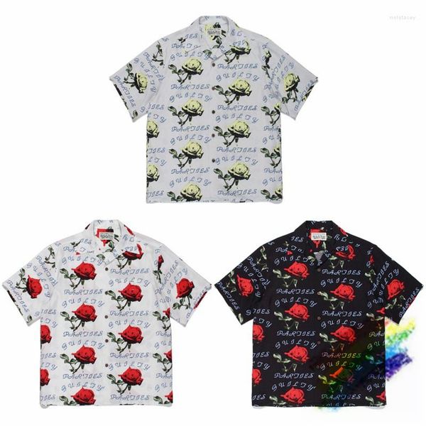 Camicie casual da uomo Full Print Rose WACKO MARIA Camicia Uomo Donna 1: 1 Qualità Nero Bianco Grigio T-shirt hawaiana