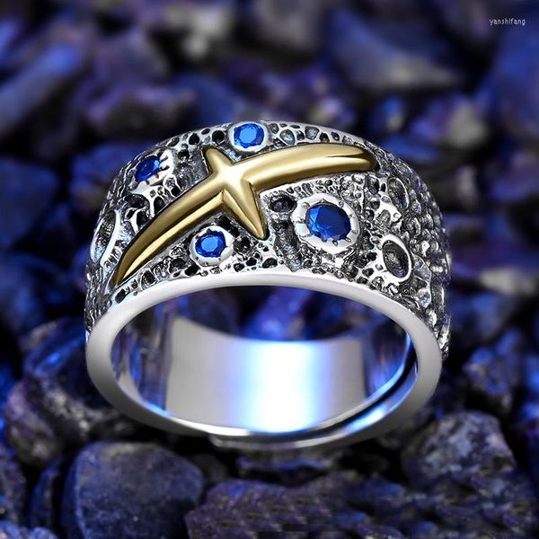 Cluster Rings Star Blue Ring Masculino Silver Single Dominador Trendy Men#39;s Personality Thai Retro Opening Widening Korean Men