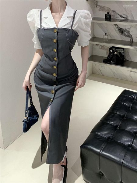 Vestidos de trabalho verão feminino 2 peças conjuntos de vestidos coreanos moda manga bufante blazer curto top cropped alça única trespassado saia longa ternos