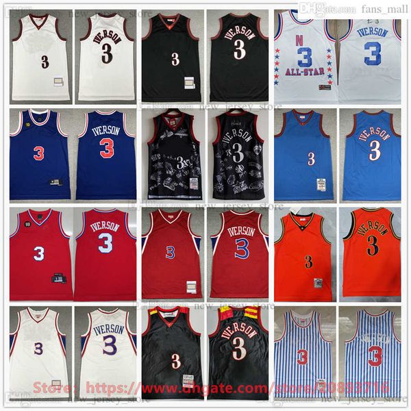Mitchell ve Ness 1996-97 Basketbol 3 Allen Iverson Forma Retro ED 2003 All-Star 1997-98 Beyaz Siyah Kırmızı Mavi 10. Jersey İnsan İçin
