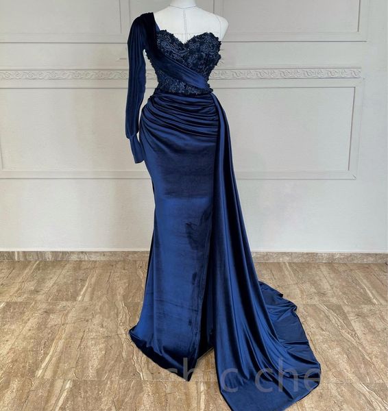 2023 Aso Ebi Navy Blue Mermaid Prom Dress Pizzo Perline Sera Festa formale Secondo ricevimento Compleanno Abiti da damigella d'onore Abiti Robe De Soiree ZJ418