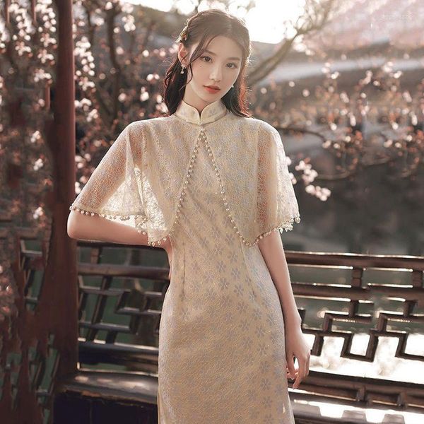 Etnik Giyim 2023 Zarif Tatlı Şal qipao İki Parçalı İnce Kadın Elbise Vintage Cheongsam Geleneksel Oryantal Klasik Güzellik