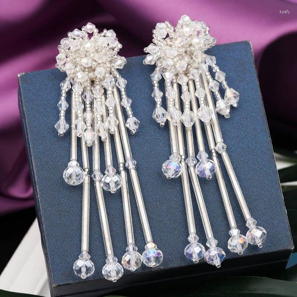 Brincos Pendentes Hesíodo Exagerado Completo Cristal Casamento Branco Preto Frisado Borla Flor Grande Queda Para Mulheres