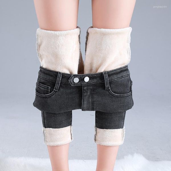 Jeans da donna a vita alta in velluto spesso femminile invernale skinny elasticizzato pantaloni caldi mamma pantaloni in denim nero con pile A503