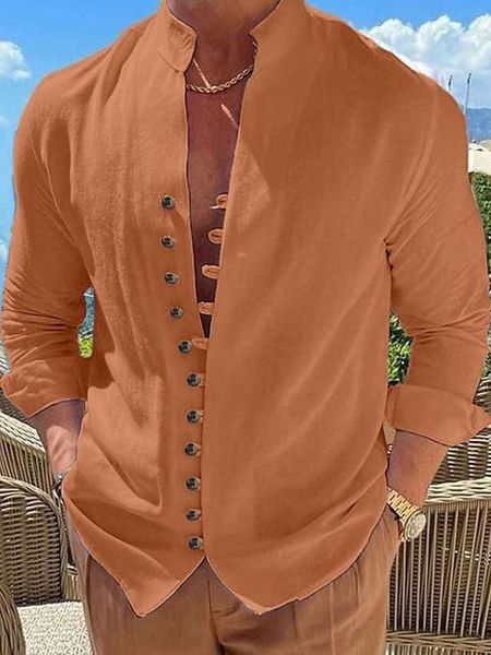 maglietta da uomo Camicie casual Camicia Camicia abbottonata Camicia estiva Nero Bianco Rosa Manica lunga Collo a fascia tinta unita Estate Primavera Autunno Abbigliamento da vacanza quotidiano Abbigliamento