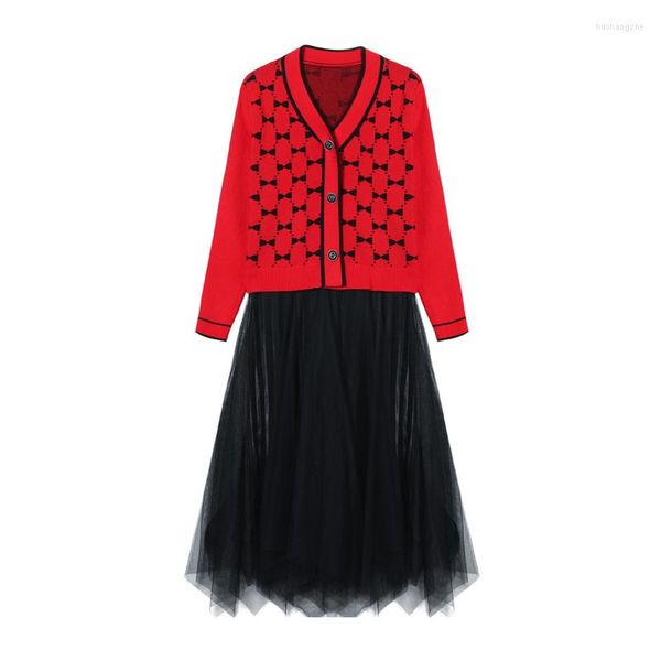 Casual Kleider Frauen Rot Pullover Kleid V-ausschnitt Retro Vintage Muster Grundlegende Kleidung Für Herbst Winter Stricken Weibliche Mode 6688