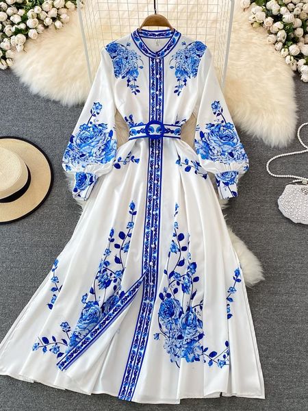 Sıradan Elbiseler Bahar Sonbahar Vintage Baskı Maxi Elbise Kadınlar Stand Yaka Tek Kelime Kelimelı Zarif Uzun Kadın Çiçek Parti Vestidos