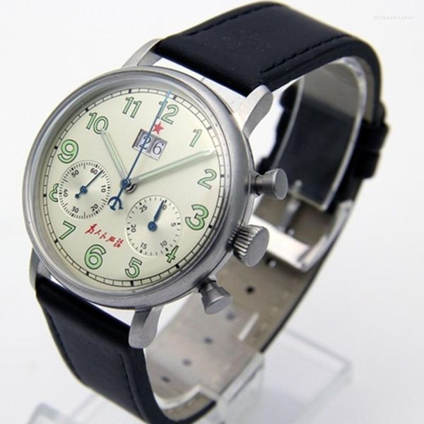Armbanduhren Männer Großer Kalender ST1931 Möwenbewegung Militärische mechanische Uhren Vintage Chronograph 1963 Multifunktionsleuchtend