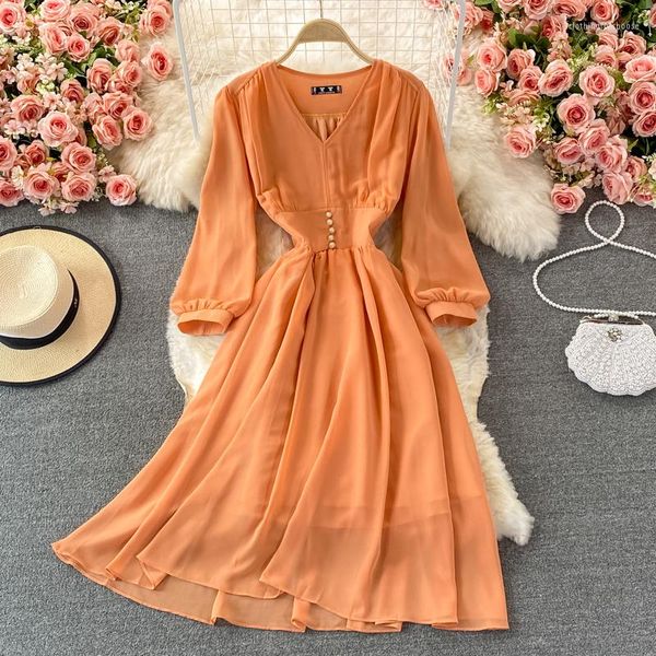 Lässige Kleider Französisch Slim Vintage 1960er Jahre Chic V-Ausschnitt Chiffon Herbst Langes Kleid Vestido De Festa Party Krawatte Robe Ete Frauen Elegante Tunika