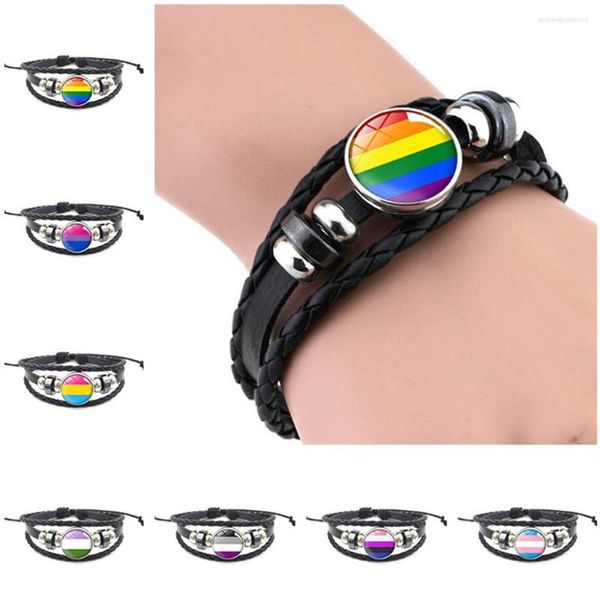 Braccialetti con ciondoli Bracciale in pelle LGBT Gay Pride Arcobaleno Bottone a pressione in vetro Avvolgere a mano Gioielli bisessuali lesbici intrecciati in PU