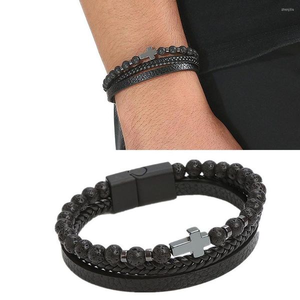 Bracciale rigido in pelle per uomo Pietra naturale esplosiva Acciaio inossidabile Occhio di tigre Gioielli da festa incrociati da uomo