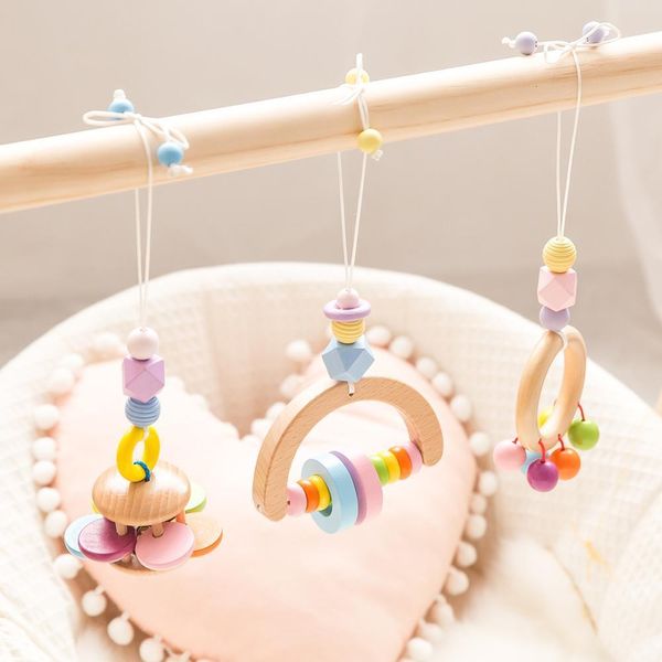 Rattles Mobiles 3 Stück Baby-Holzanhänger, bunter Ring-Pull-Buchenring, Babyspiel-Gymnastik-Holzbeißring, BPA-frei, für Kinderbett, Rassel-Anhänger, Spielzeug, Geschenke 230617