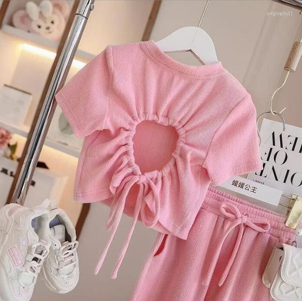 Clothing Sets Retail 2023 Baby Girls Teenage Summer Fashion Pink Back Hollow Out Top Pants 3-10T