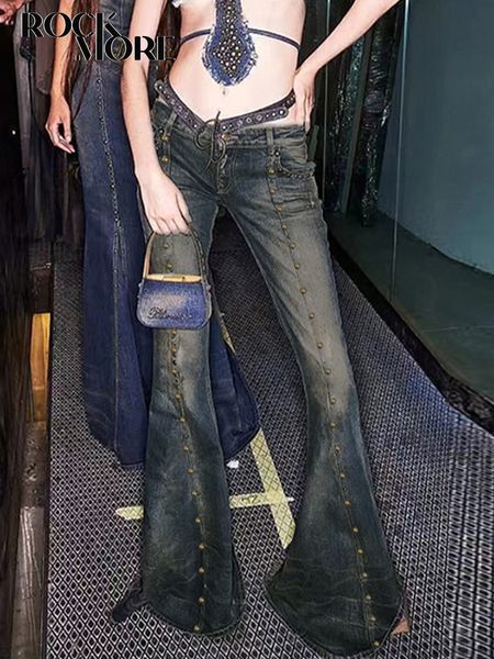 Shorts feminino Rockmore Chic Rivet cintura baixa Jean Y2K estética fina calça flare street fashion tech retrô grunge calça jeans Fairycore 230619