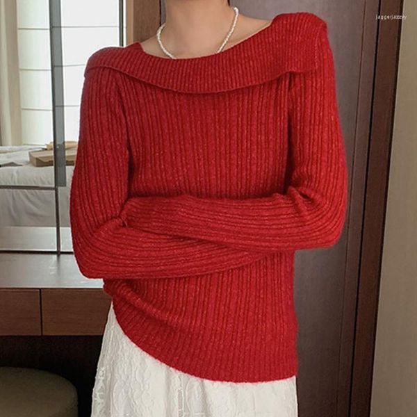 Maglioni da donna Maglione da donna Moda stile coreano Solido colletto piatto Pullover Versatile Confortevole Slim manica lunga Donna Lana