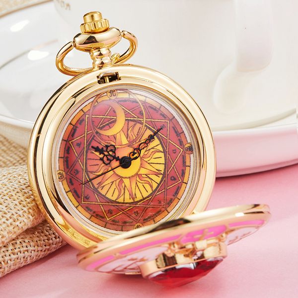 Relógios de Bolso Japão Anime Relógio de Bolso Dourado Colar Estrela Pedra Preciosa Pingente Rosa Cadeia Relógio Feminino Relógio Mágico Meninas Presente 230619