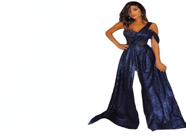 Abiti da ballo con paillettes blu navy Una tracolla Custom Made Fessura laterale Lunghezza del pavimento Plus Size Festa da sera formale scintillante G5570133